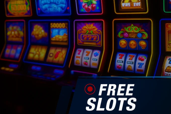Neon-lit slot machines with a dark casino background and a Free Slots banner